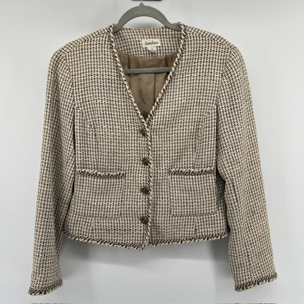 VTG Neiman Marcus 100% Silk Collarless Blazer Jacket Womens 8 Cream BlackCropped